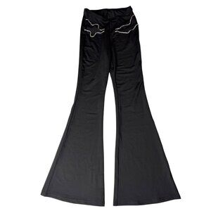 Black Flared Pants With Rhinestone Wave Detailing & Elastic Waistband XS